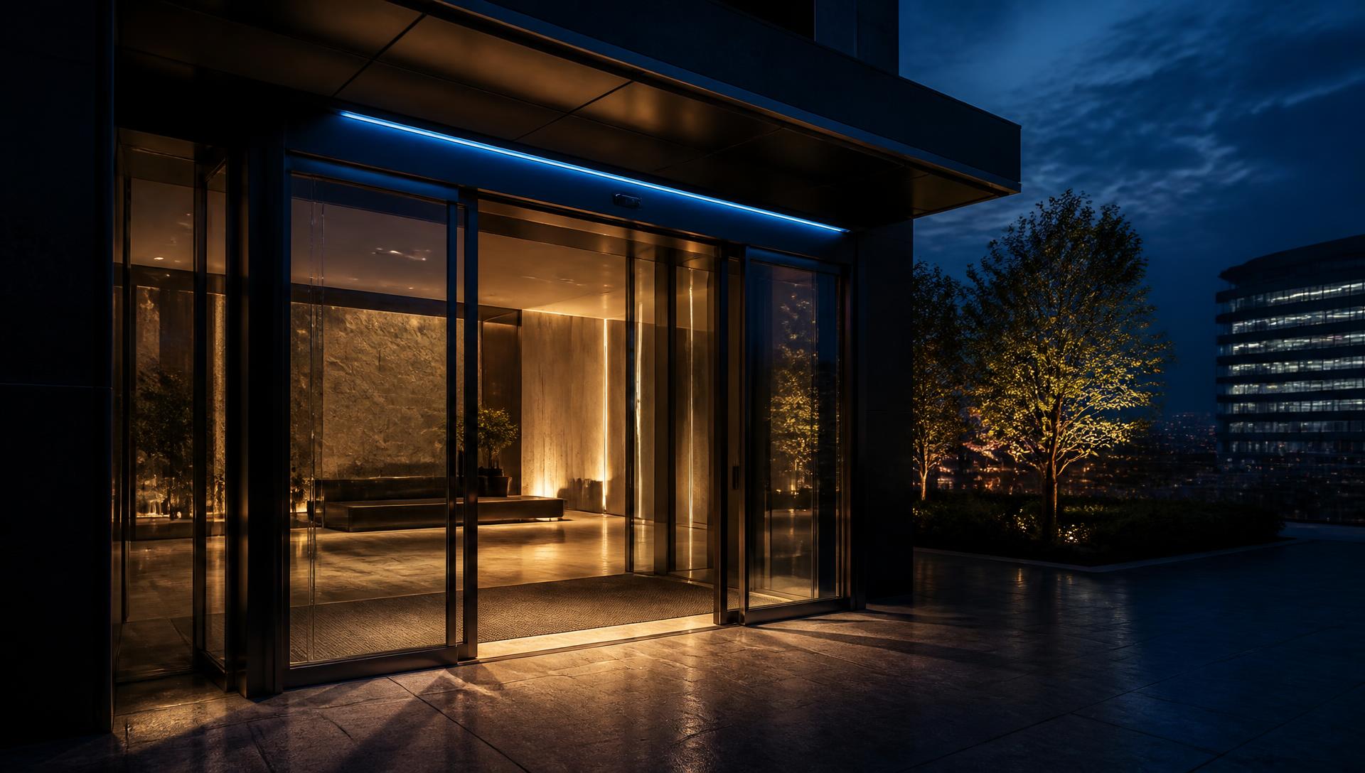 Automatic glass entrance doors at a modern commercial building